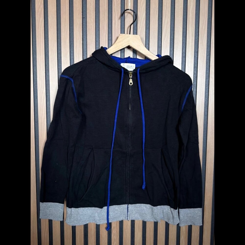 Cousin Johnny Sweater Medium Womens Black Blue 100% Cotton Fleece Hooded